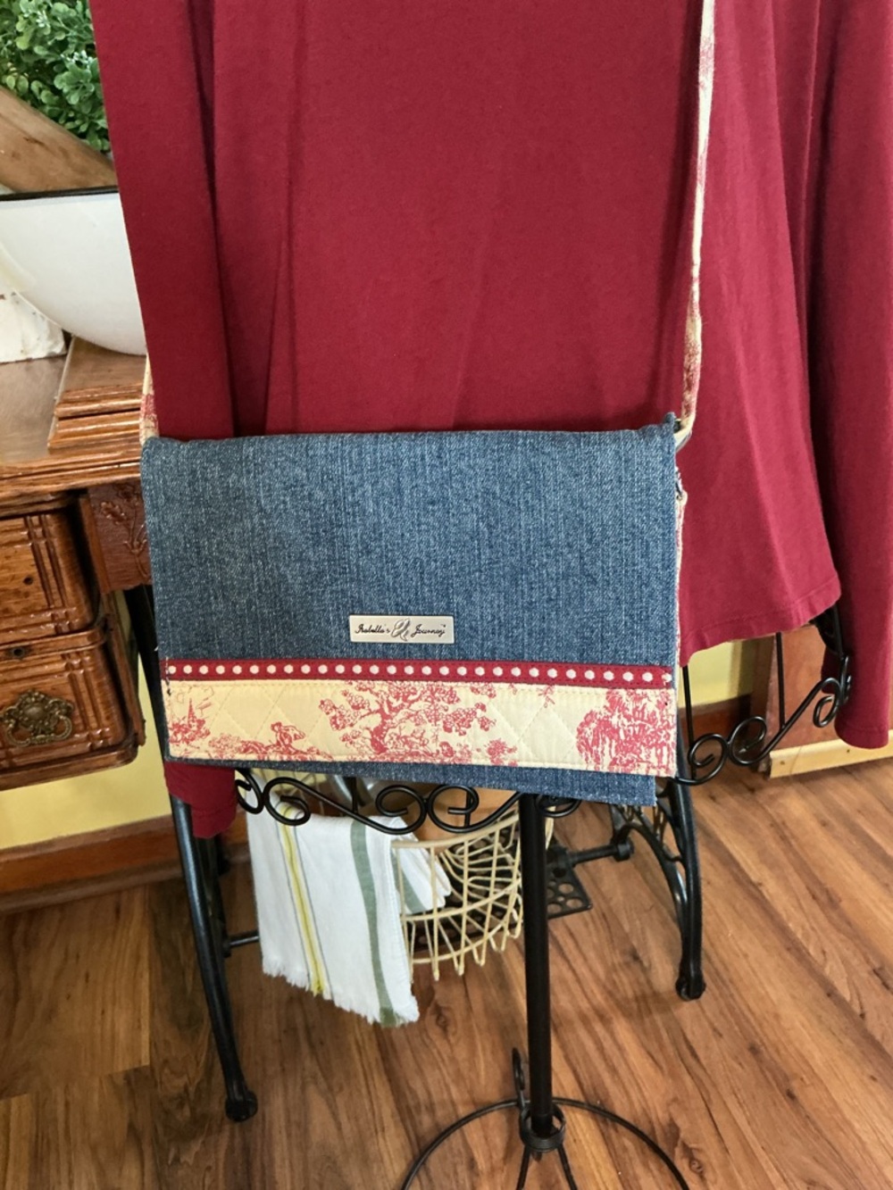 Isabellas Journey  Denim Crossbody with Red and Cream Toile Style Fabric Accents